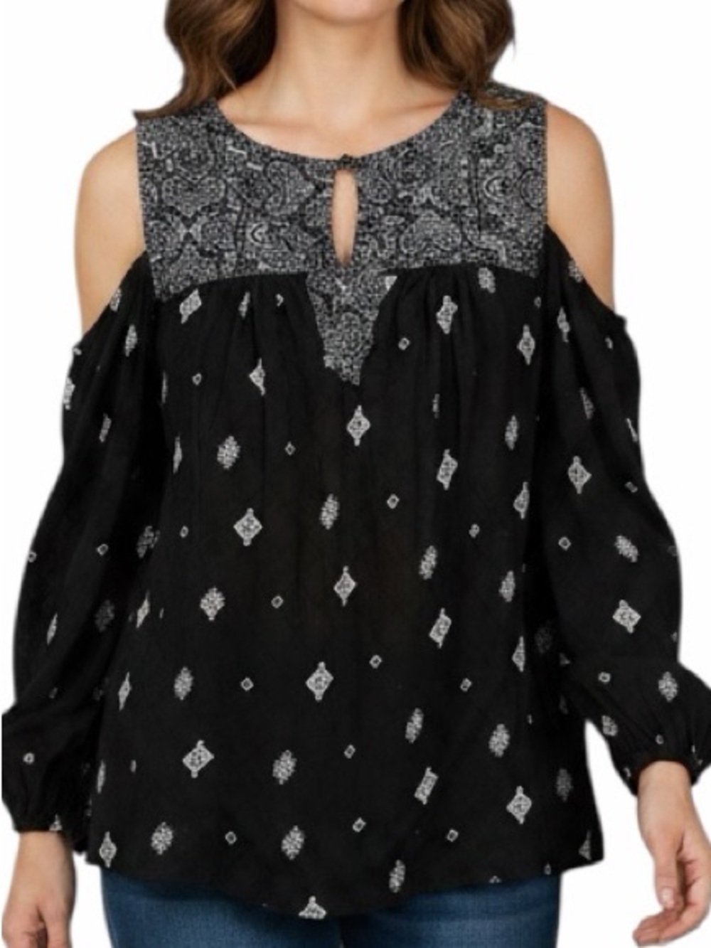 Lucky Brand Boho tribal Cold-Shoulder Blouse with Keyhole Neck sz M